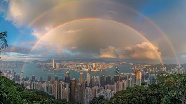 Free photo colorful rainbow appearing on the sky over nature landscape