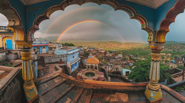 Free photo colorful rainbow appearing on the sky over nature landscape