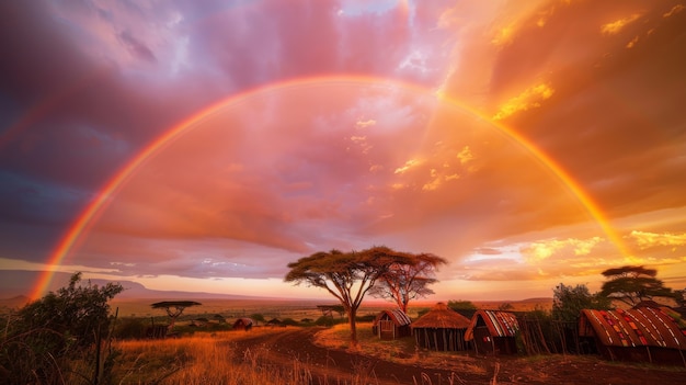 Free photo colorful rainbow appearing on the sky over nature landscape