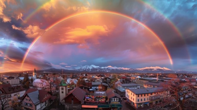 Free photo colorful rainbow appearing on the sky over nature landscape