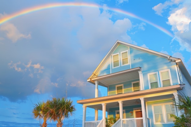 Colorful rainbow appearing on the sky over nature landscape