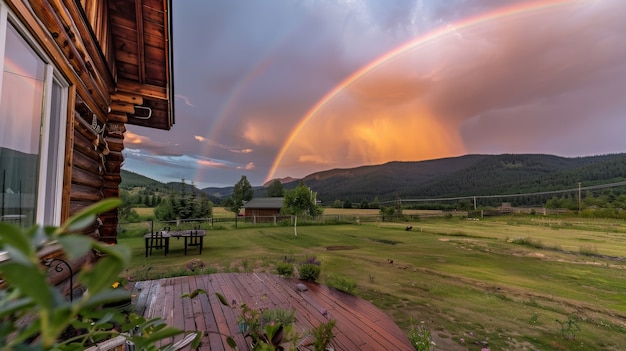 Free photo colorful rainbow appearing on the sky over nature landscape