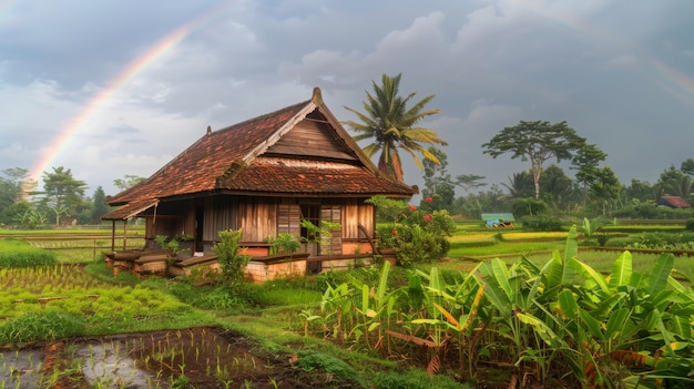 Free photo colorful rainbow appearing on the sky over nature landscape