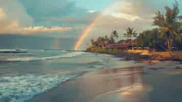 Free photo colorful rainbow appearing on the sky over nature landscape