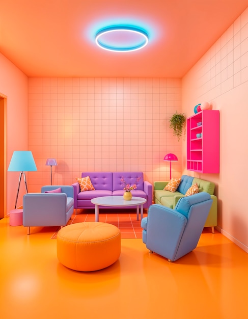 Free Photo colorful retrowave 3d interior background