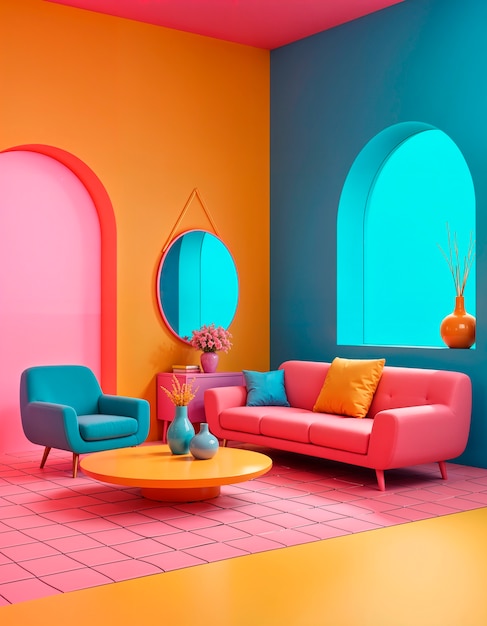 Free Photo colorful retrowave 3d interior background