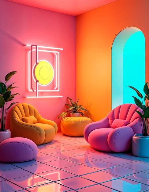 Free Photo colorful retrowave 3d interior background