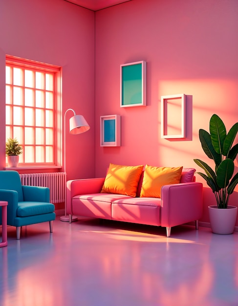 Free Photo colorful retrowave 3d interior background