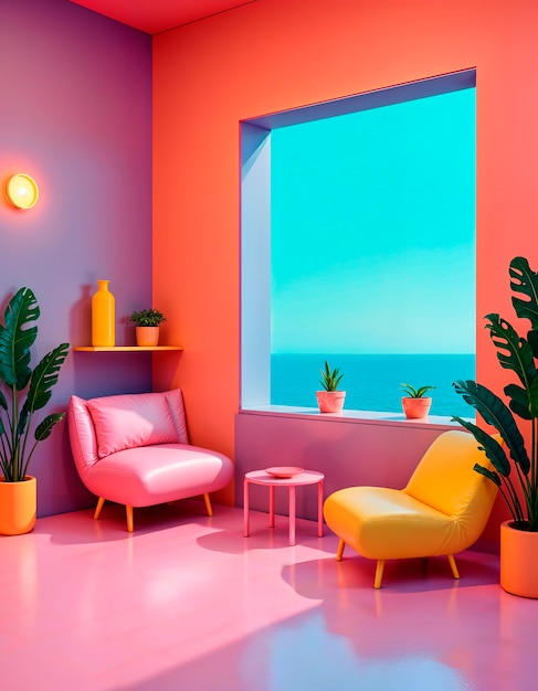 Free Photo colorful retrowave 3d interior background