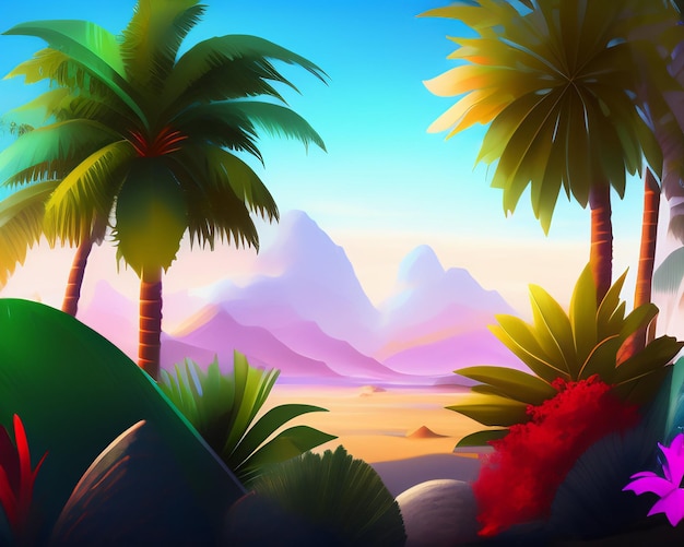 Free Photo a colorful scene with palm trees and mountains in the background.