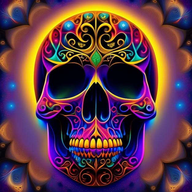 Free Photo a colorful skull with a yellow and green pattern.