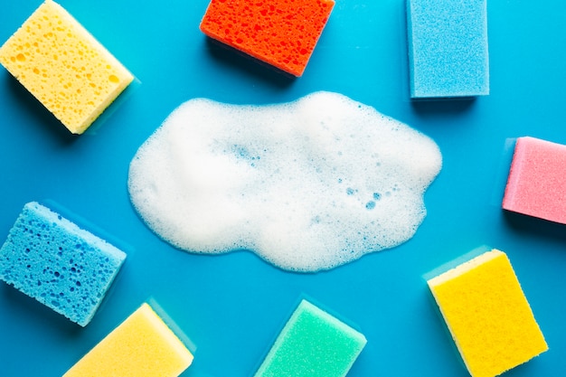 Colorful sponges and foam flat lay