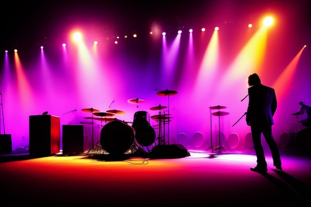 Free photo a colorful stage with a man standing in front of it and a drum set on the stage.