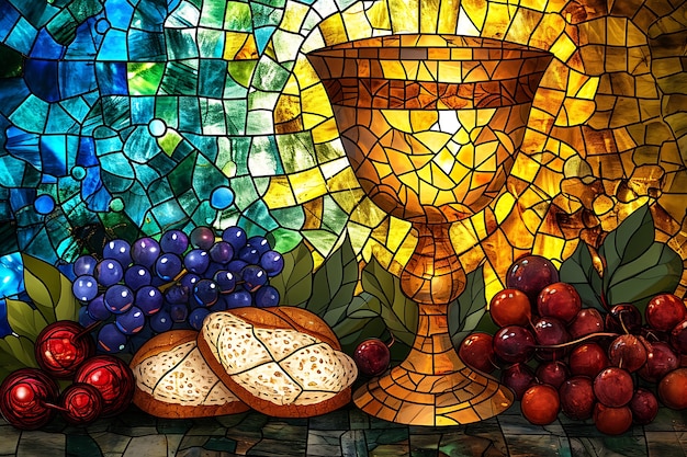 Free photo colorful stained glass with holy communion scene