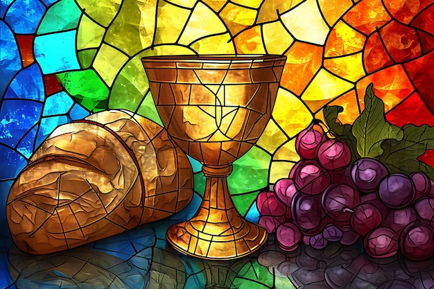 Colorful stained glass with holy communion scene