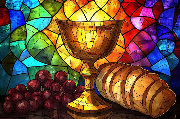 Free photo colorful stained glass with holy communion scene