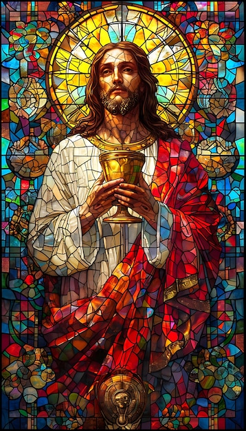 Free photo colorful stained glass with holy communion scene