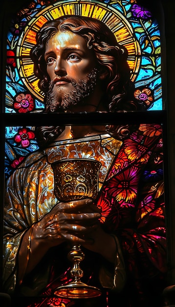 Colorful stained glass with holy communion scene