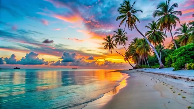 Colorful sunset over a tropical beach with palm trees