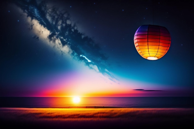 A colorful sunset with a colorful ball in the sky