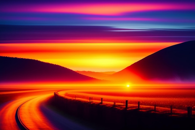 Free photo a colorful sunset with a road and mountains in the background.