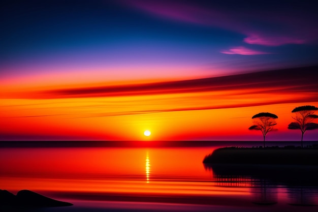 Free Photo a colorful sunset with a tree in the foreground and a sky with clouds in the background.