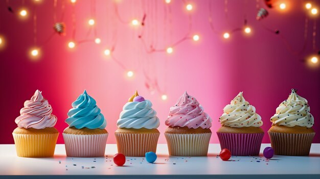 Colorful sweet cupcake desserts with frosting on top