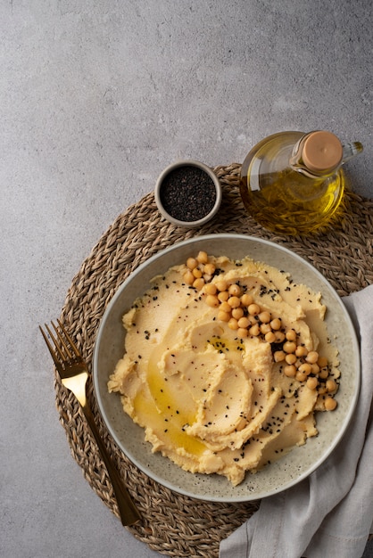 Colorful and tasty hummus with ingredients