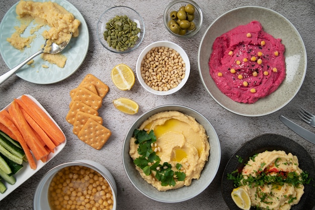 Colorful and tasty hummus with ingredients