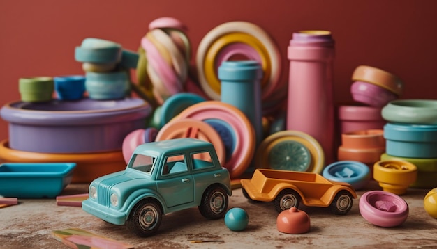 Free photo colorful toy car collection on plastic container generated by ai