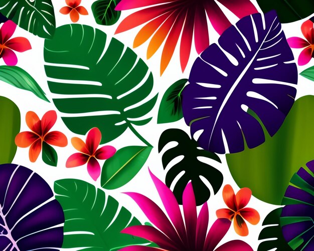 A colorful tropical pattern with tropical leaves and flowers.