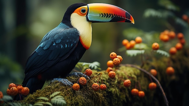 Free photo colorful tucan bird standing on a branch in the rainforest