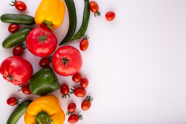 Colorful vegetables flat lay of salad vegetables on white background