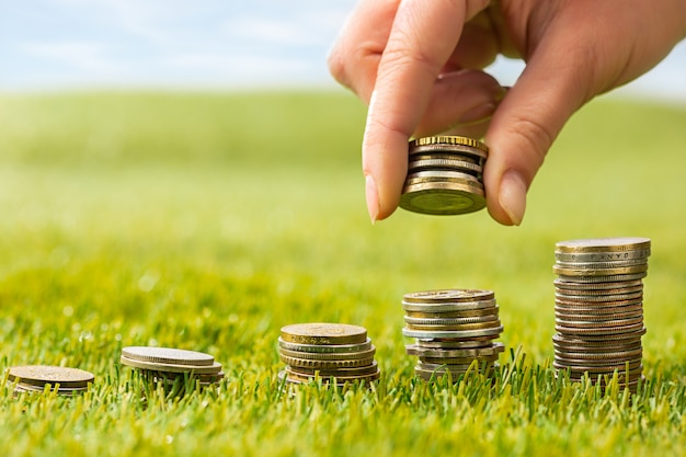 The columns of coins on grass