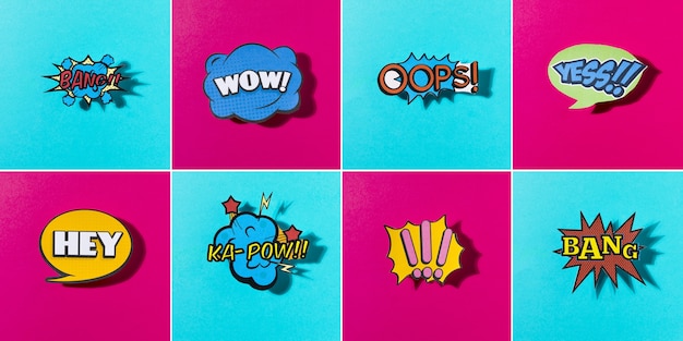 Free photo comic colored sound icons set for web on blue and pink background