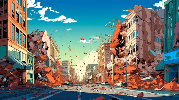 Free Photo comic style scene with earthquake aftermath