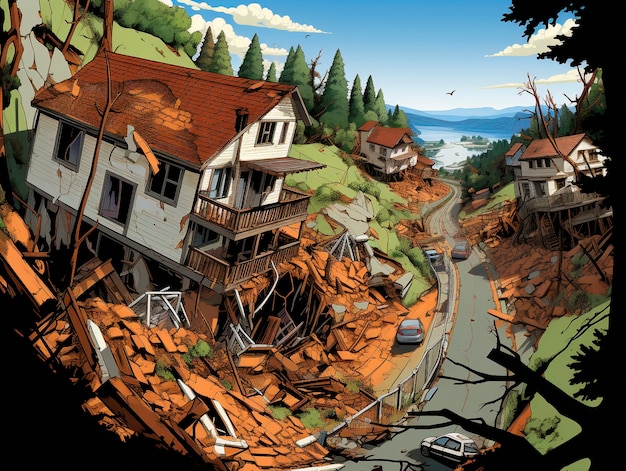 Free photo comic style scene with earthquake aftermath