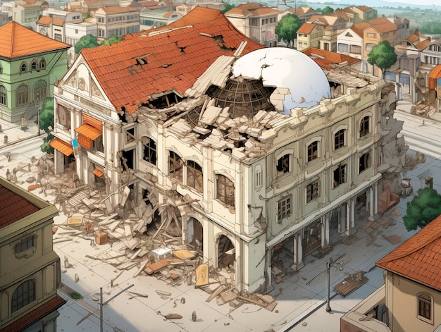 Free Photo comic style scene with earthquake aftermath