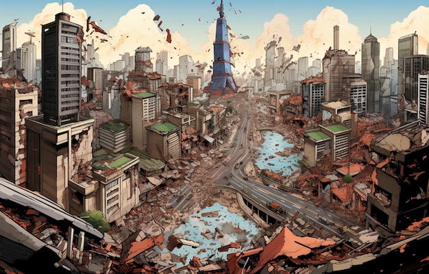 Free Photo comic style scene with earthquake aftermath