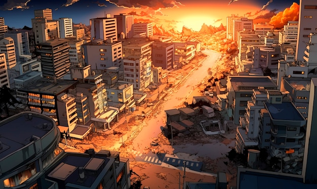 Free Photo comic style scene with earthquake aftermath