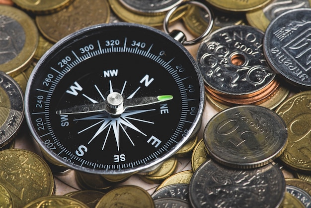 Compass surrounded by coins