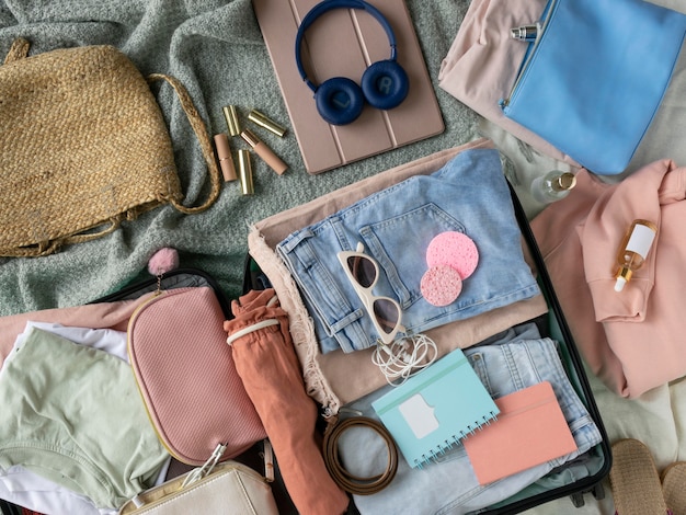 Free photo composition of clothes and accessories in a suitcase