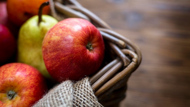 Free Photo composition of fresh autumnal fruits with copy space close-up