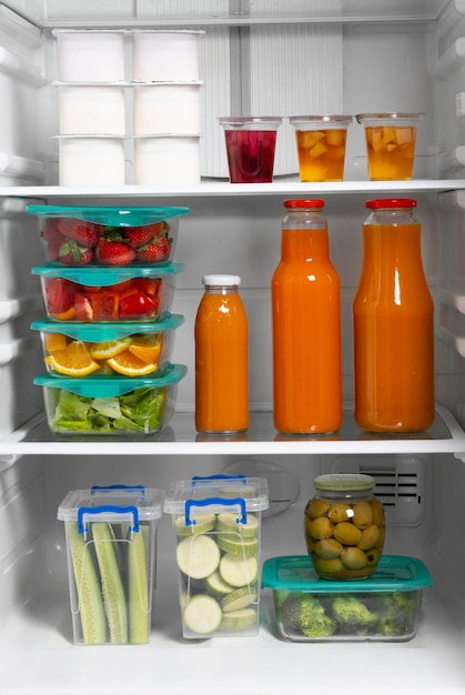 Composition of healthy raw food in the fridge