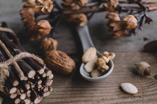 Composition of nuts on spoon