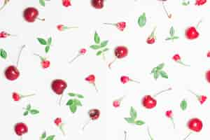 Free photo composition of red flowers, cherries and green leaves