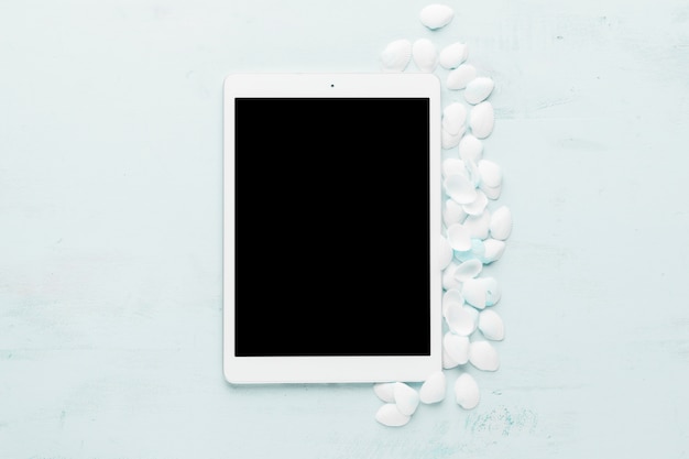 Composition of tablet and white seashells 