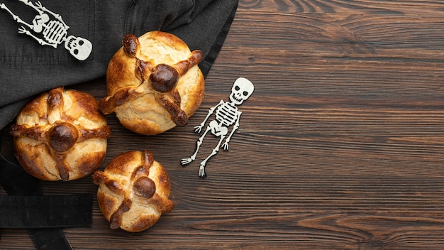 Composition of traditional bread of dead with copy space