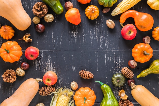 Composition of vegetables on black board