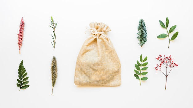 Free photo composition with leaves and bag in middle